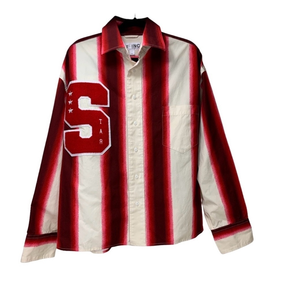 Allen Onyia for INC Men's Varsity Letter Button-Up Shirt L Red White